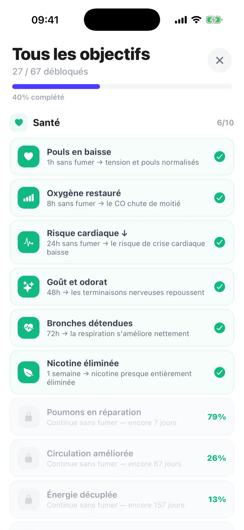 Écran des objectifs d'Ash : 27 badges débloqués sur 67 et paliers de récupération santé validés