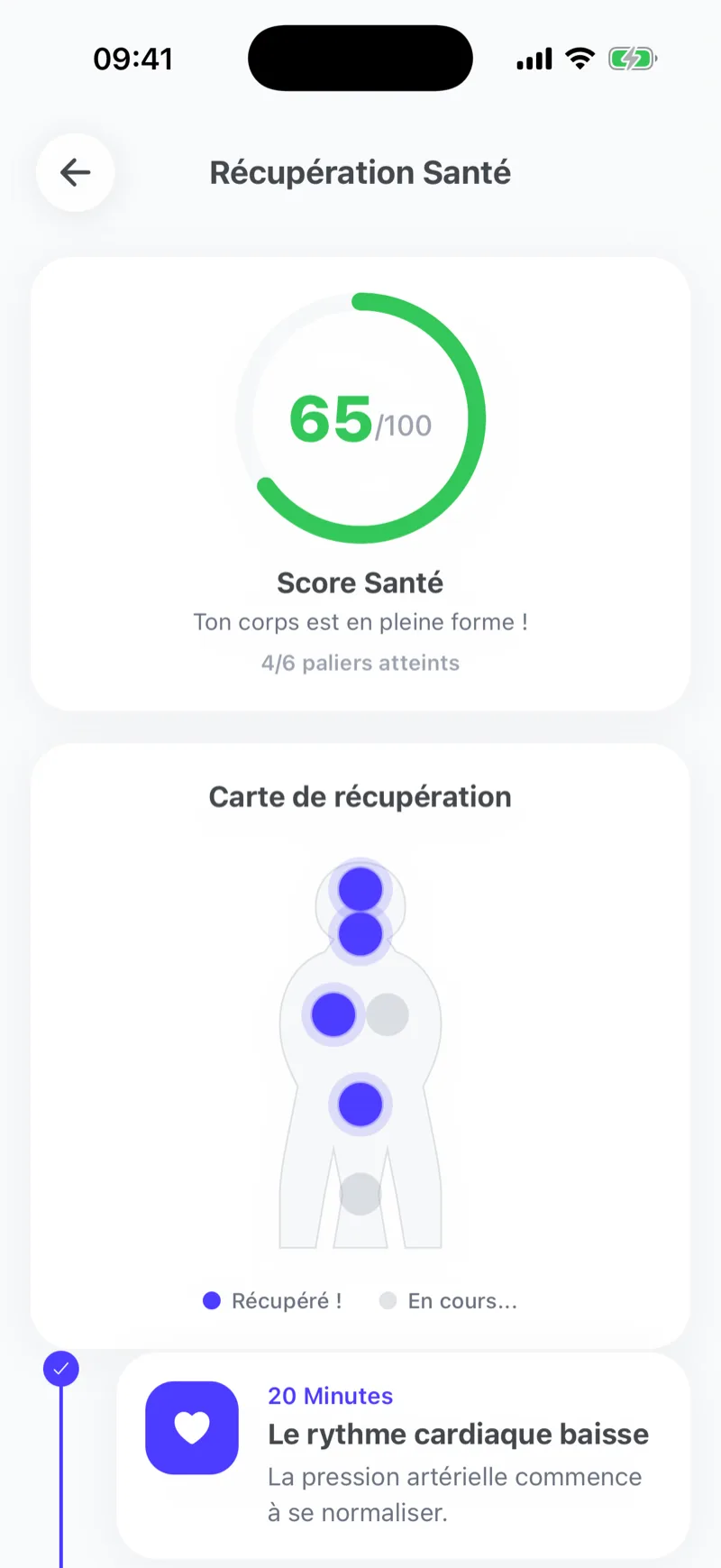 Écran Récupération Santé d'Ash : score de 65 sur 100 et carte corporelle des organes régénérés