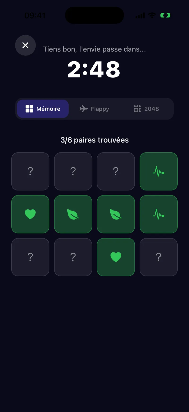 Écran SOS Envie d'Ash : compte à rebours de 3 minutes et mini-jeu de diversion