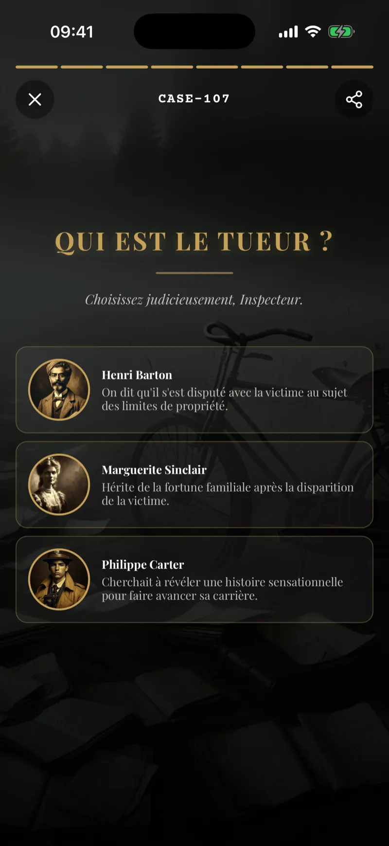 Écran d'accusation de Case 1888 : « Qui est le tueur ? » avec trois suspects et leur mobile
