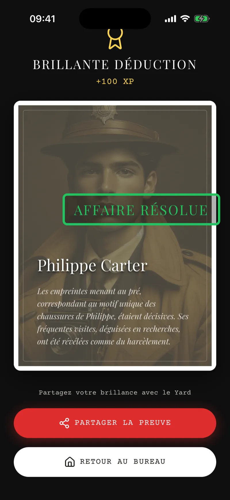 Verdict « Affaire résolue » dans Case 1888 : révélation du coupable et gain d'expérience