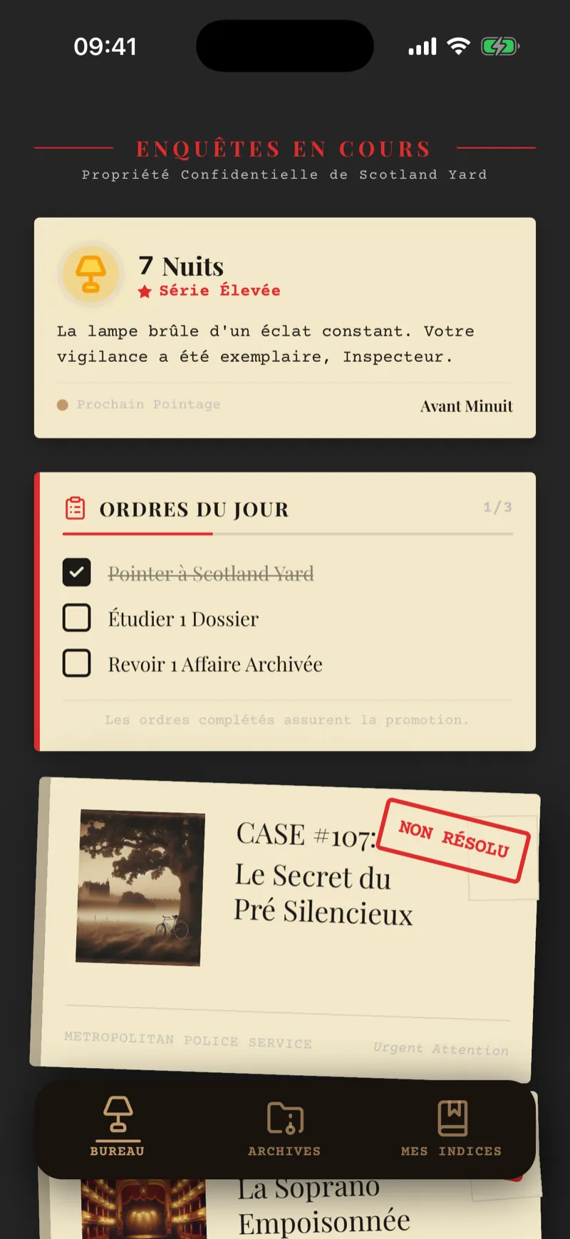 Bureau du détective dans Case 1888 : série en cours, ordres du jour et dossier tamponné