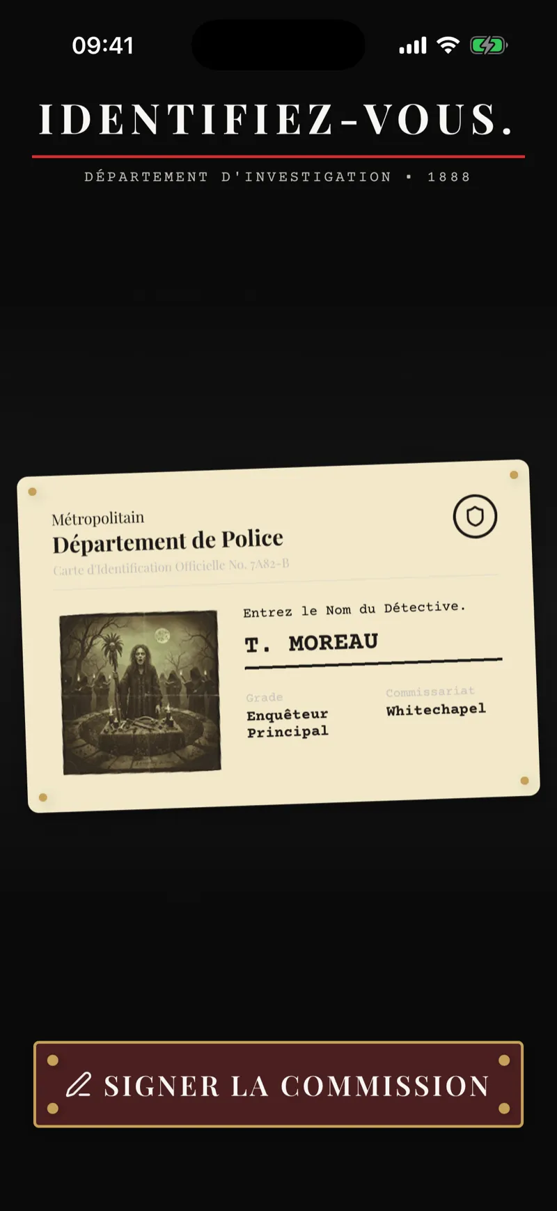 Carte d'identification Scotland Yard au nom du joueur à l'onboarding de Case 1888