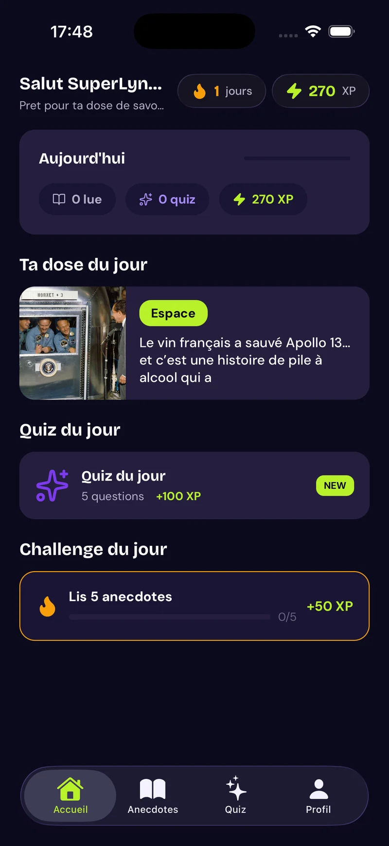 Écran d'accueil de Lumi, application mobile React Native de culture générale