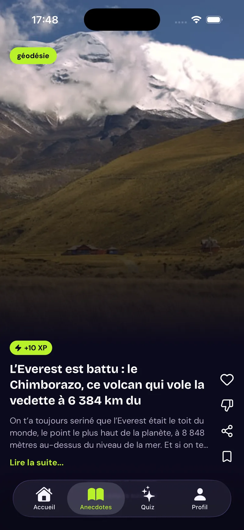 Feed d'anecdotes personnalisé de l'application Lumi