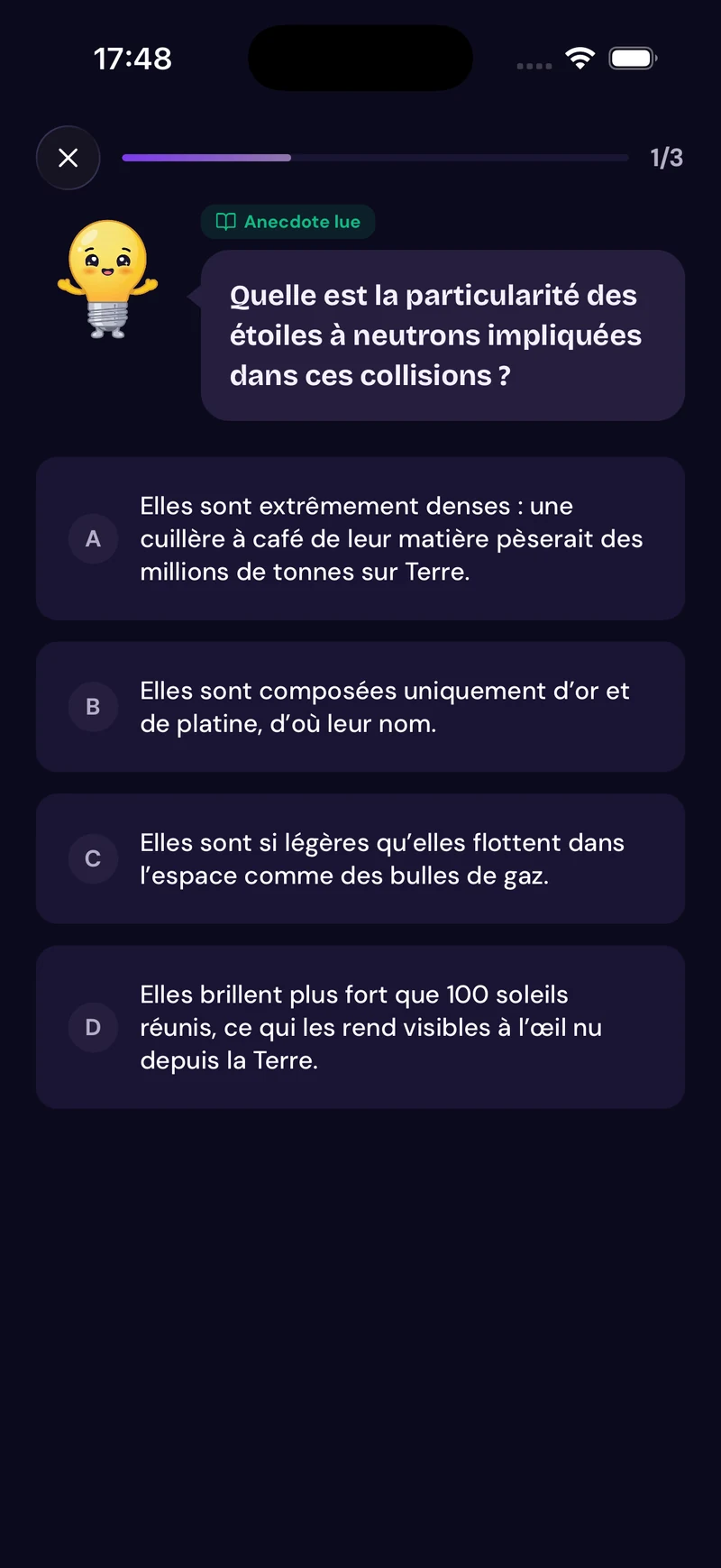 Écran de quiz quotidien de l'application mobile Lumi