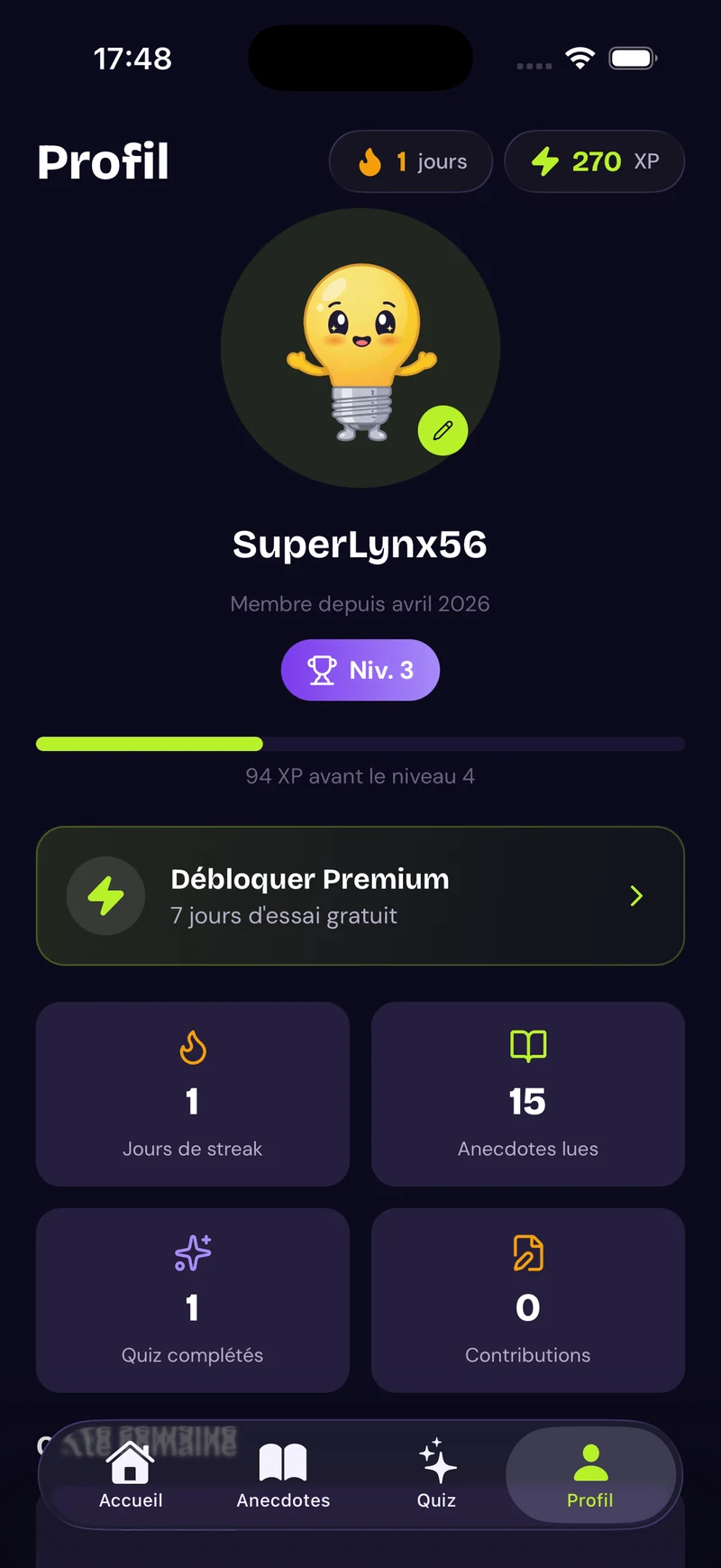 Profil utilisateur avec XP, niveaux et streaks dans Lumi